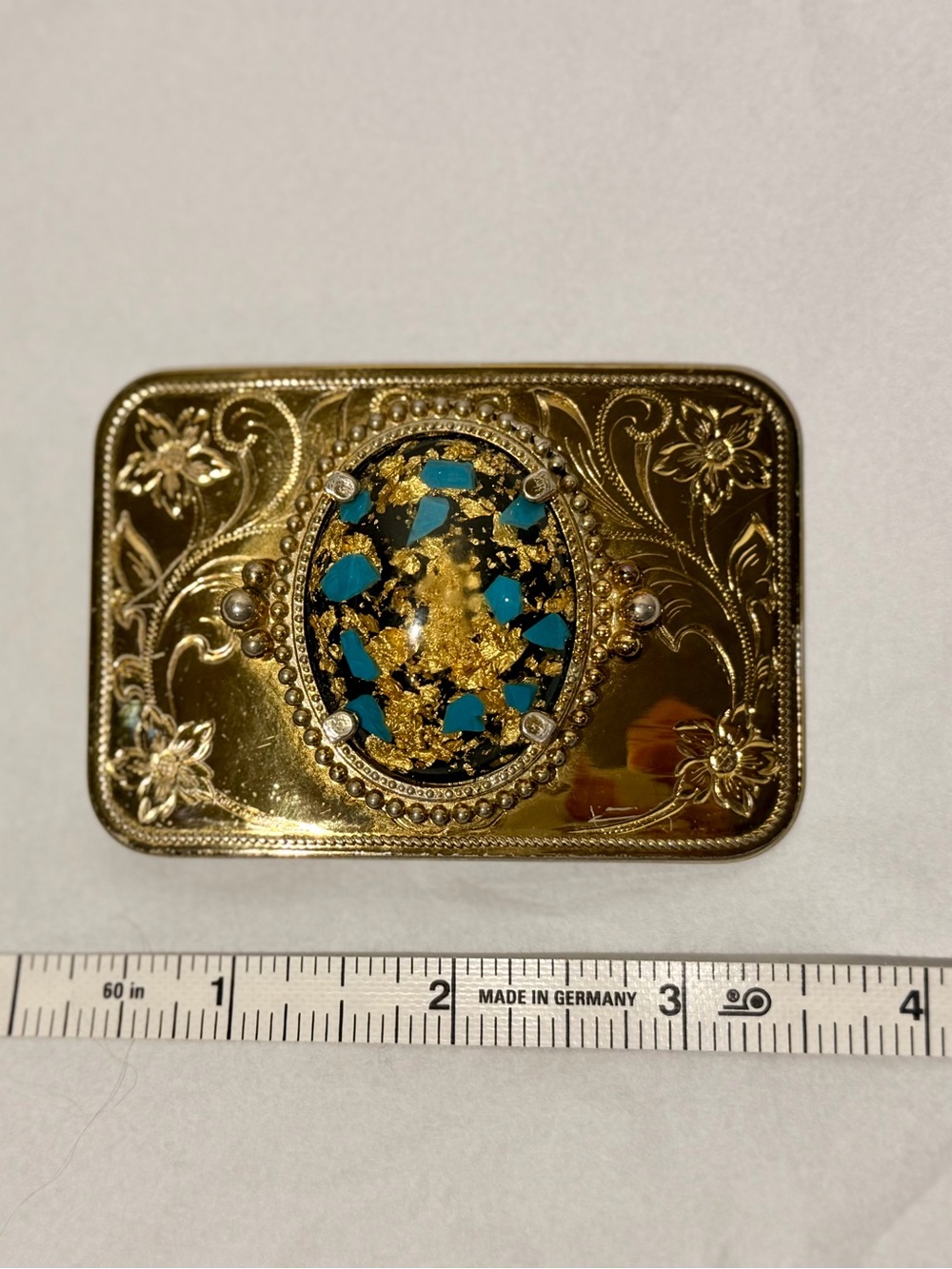 Vintage western style Gold Ornate engraved belt buckle with Turquoise Inlay
